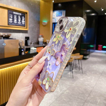 Fialové květiny květinový obal na iPhone s ochranným krytem čočky ze šneku