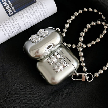 Stříbrný tarpík na AirPods ve tvaru medvídka s klíčenkou